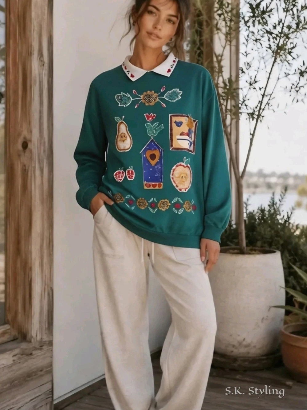 Vintage 90's Bobbie Brooks Folk Autumn Theme Collared Y2K Granny Sweatshirt L